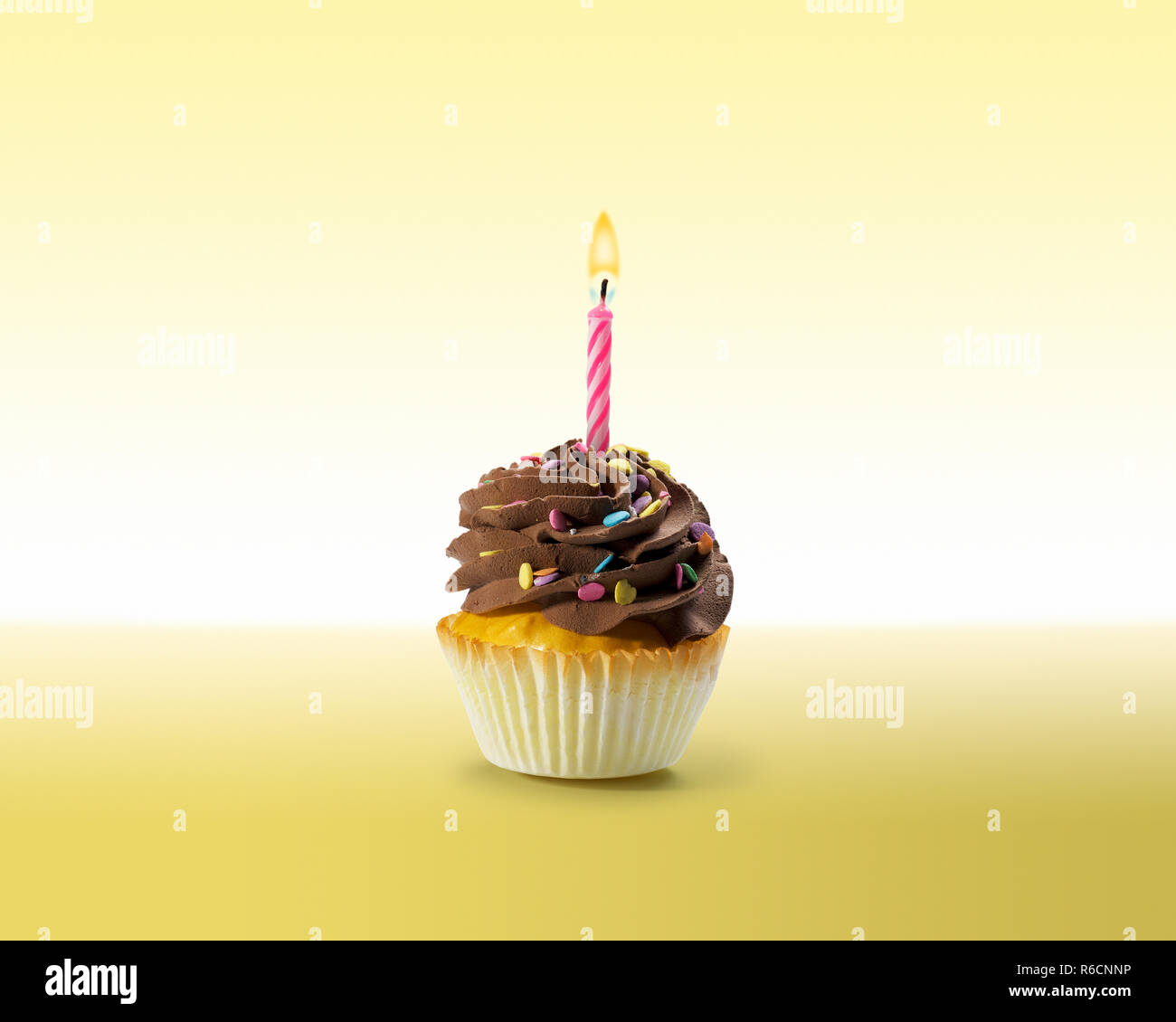 Birthday cupcake with frosting and lit candle Stock Photo