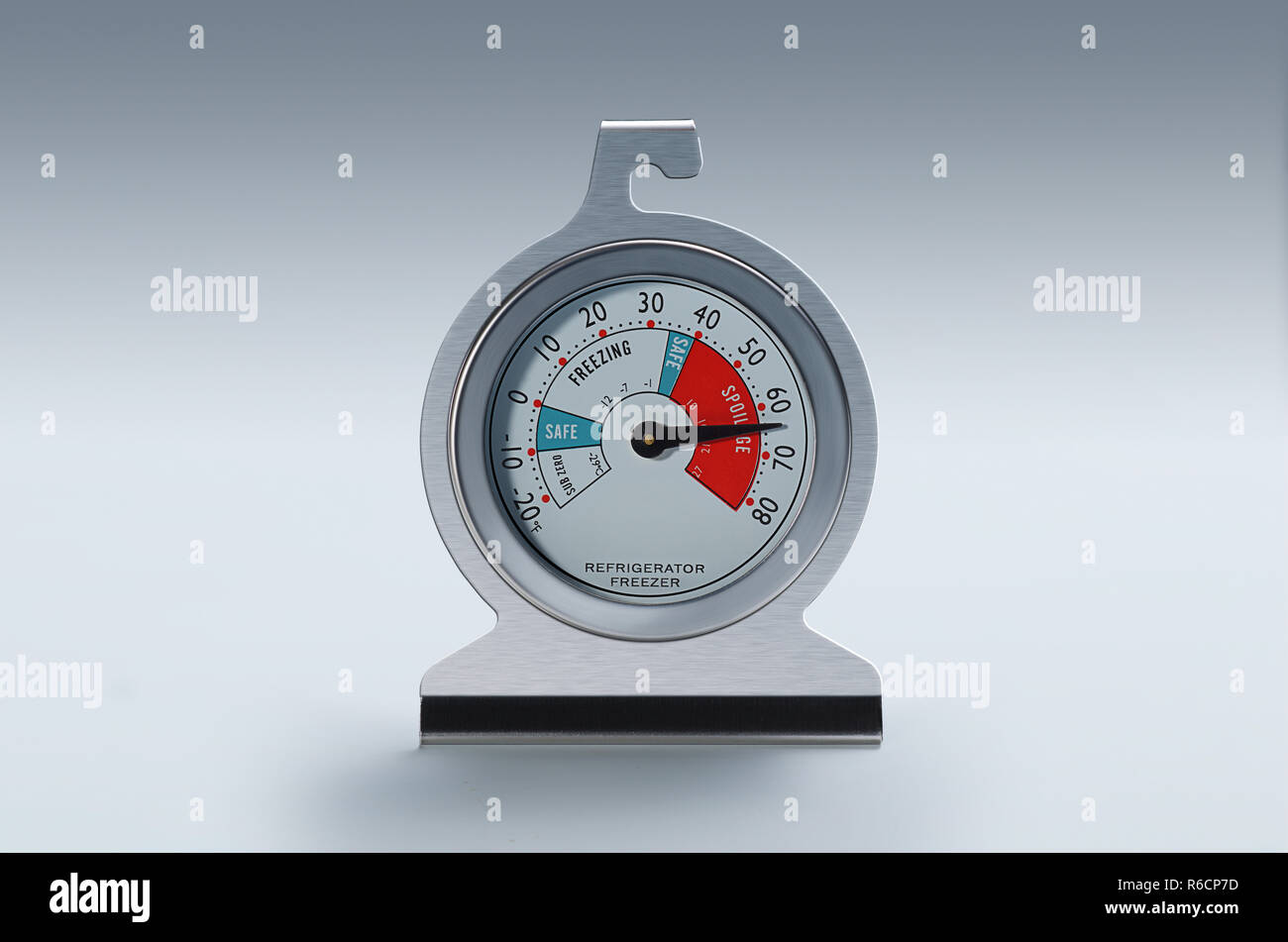 Front view of fridge temperature gauge with needle display, plain background Stock Photo