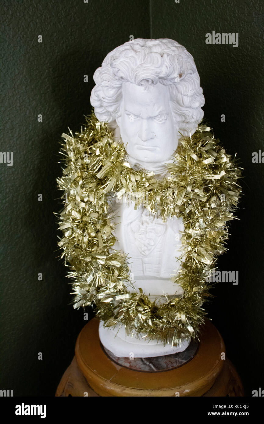 plaster beethoven bust decorated for christmas Stock Photo