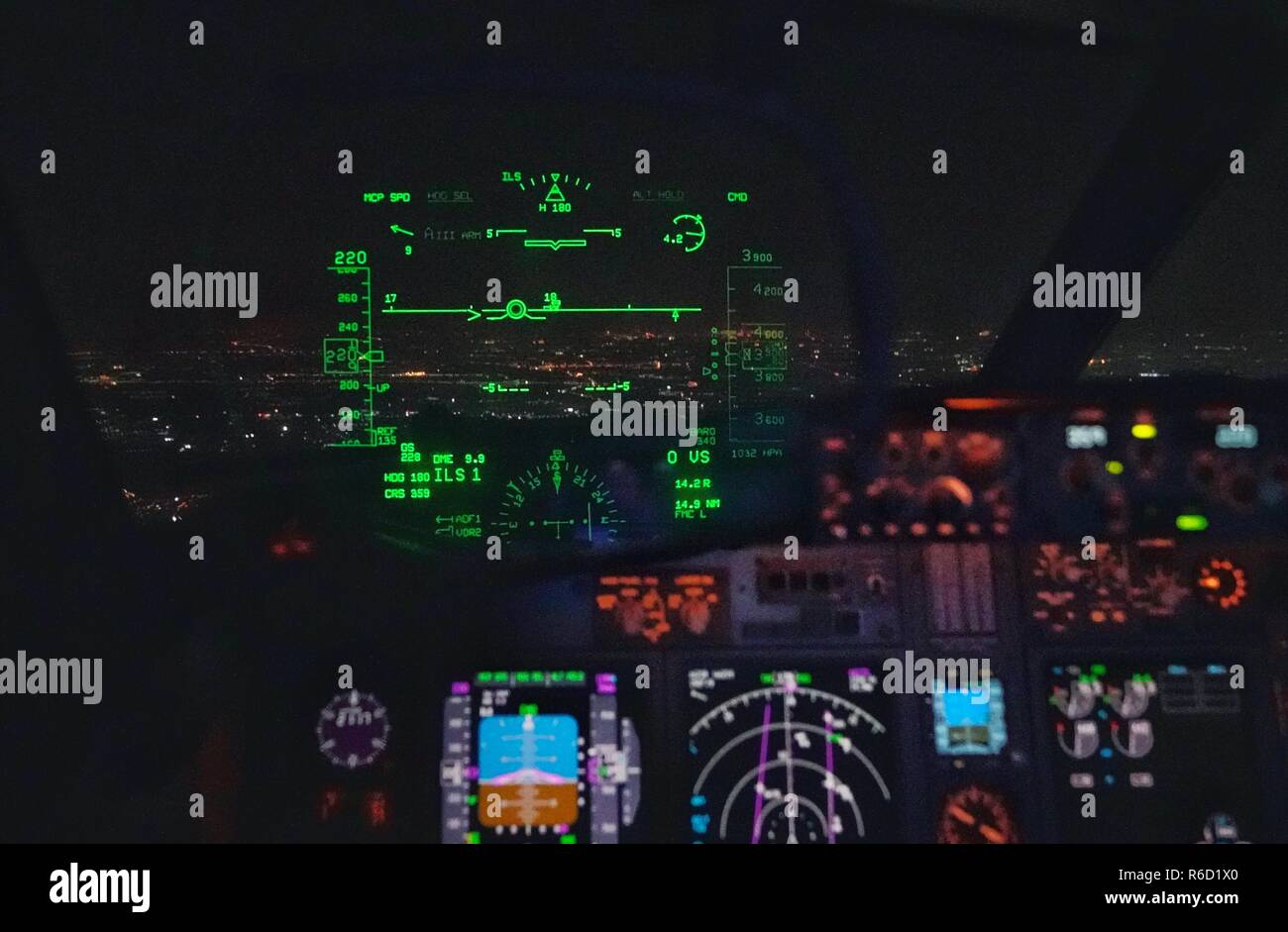 Beijing, China. 4th Dec, 2018. Photo taken on Dec. 4, 2018 shows the HUD (Head Up Display) information displayed on the verification flight. The Civil Aviation Administration of China (CAAC) on Tuesday made the first verification takeoff based on the Head Up Display (HUD) under Runway Visual Range (RVR) of 90-meter low visibility. The success of the takeoff symbolized that 80 percent of difficulties relating to the low-visibility takeoff will be solved, which can further guarantee the regularity of the flights. Credit: Xing Guangli/Xinhua/Alamy Live News Stock Photo