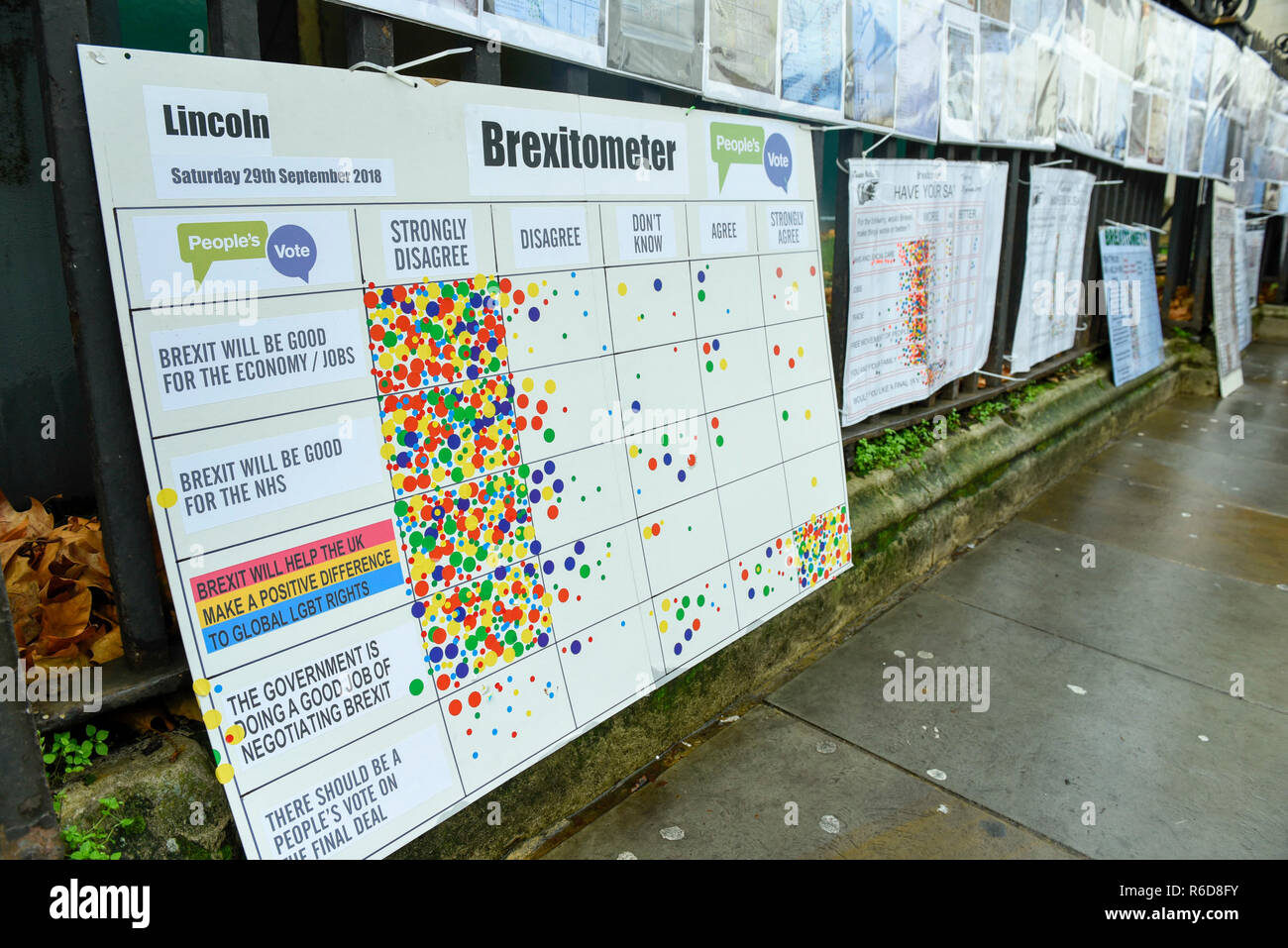 London, UK.  5 December 2018.  A wall of Brexitometers (regional gauges of public opinion on Brexit) outside the Houses of Parliament.  MPs are debating Theresa May's Brexit deal with the European Union ahead of the meaningful vote of December 11.  Credit: Stephen Chung / Alamy Live News Stock Photo