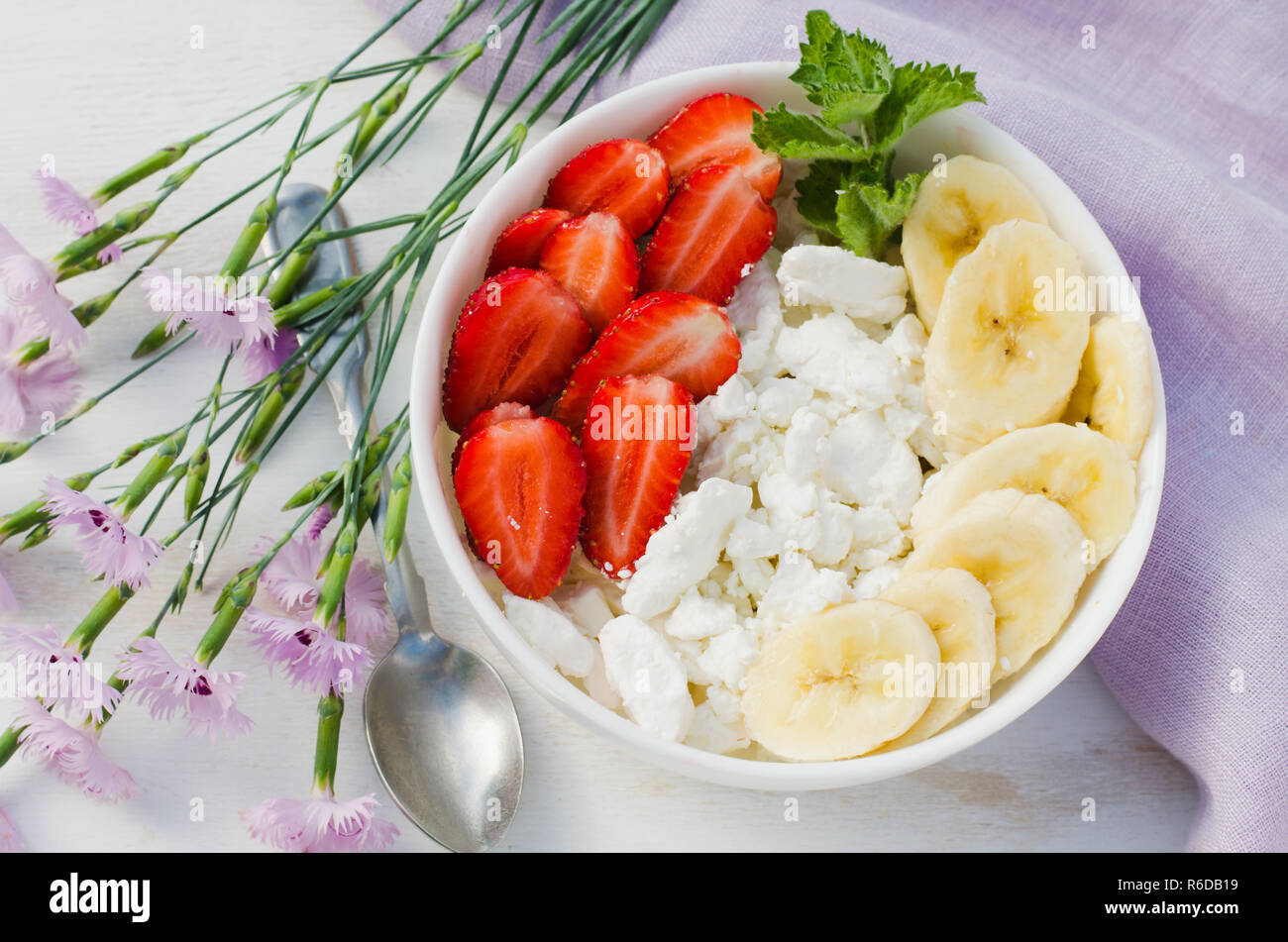 Healthy Breakfast Cottage Cheese With Fruit Stock Photo