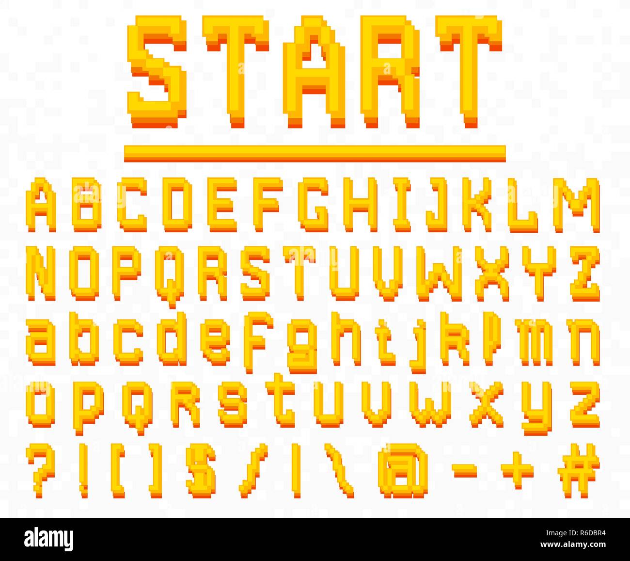 Pixel font. 8-bit symbols. Digital video game style. letters and numbers. Vintage retro typeface abc. Error Computer Video. Color Abstract Damage. Futuristic design. Vector Alphabet. Stock Vector