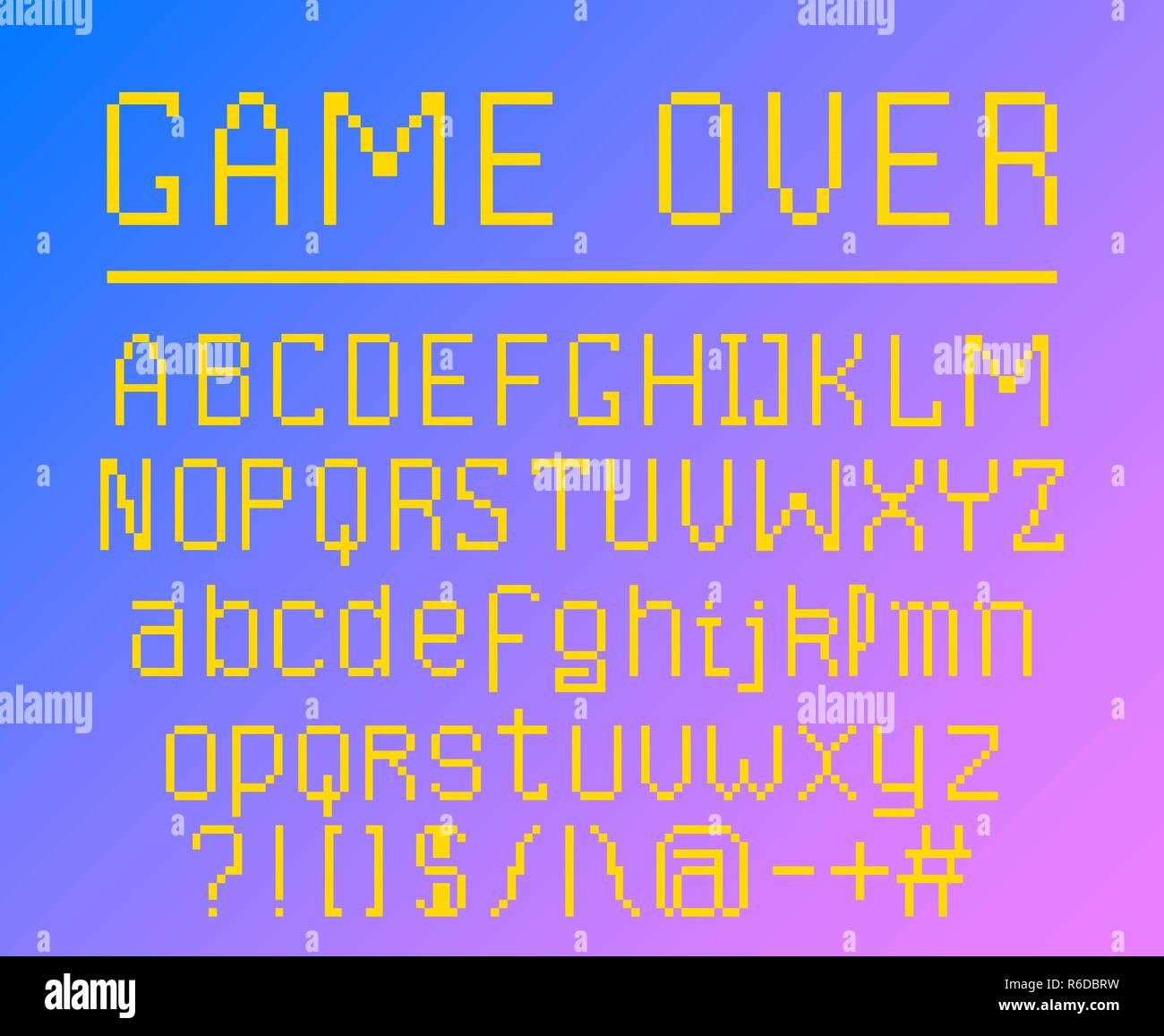 Pixel font. 8-bit symbols. Digital video game style. letters and numbers. Vintage retro typeface abc. Error Computer Video. Color Abstract Damage. Futuristic design. Vector Alphabet. Stock Vector