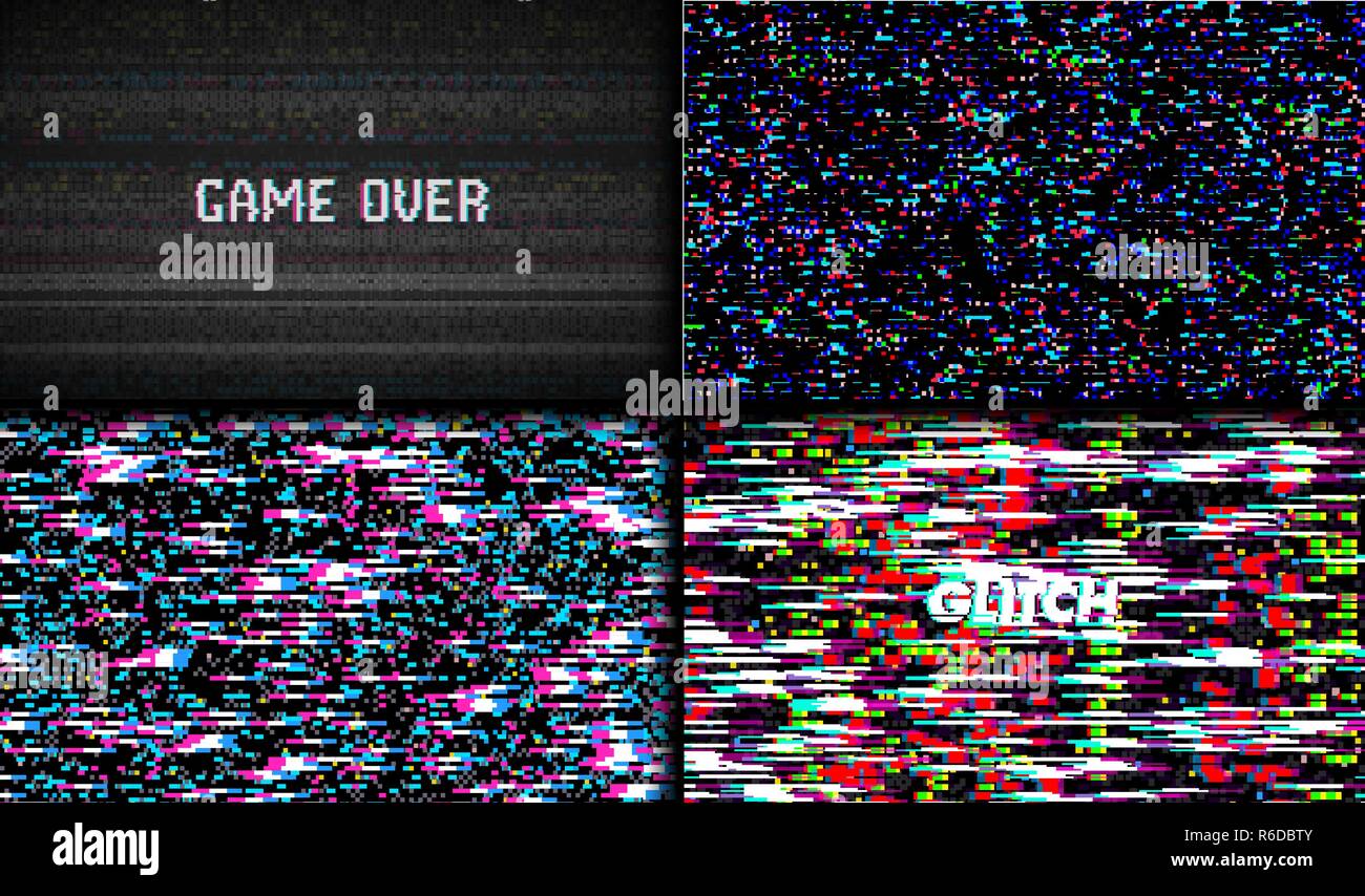 Glitch Texture pixel noise. Test TV Screen Digital VHS Background. Set of Error Computer Video. Abstract black Damage. Stock Vector