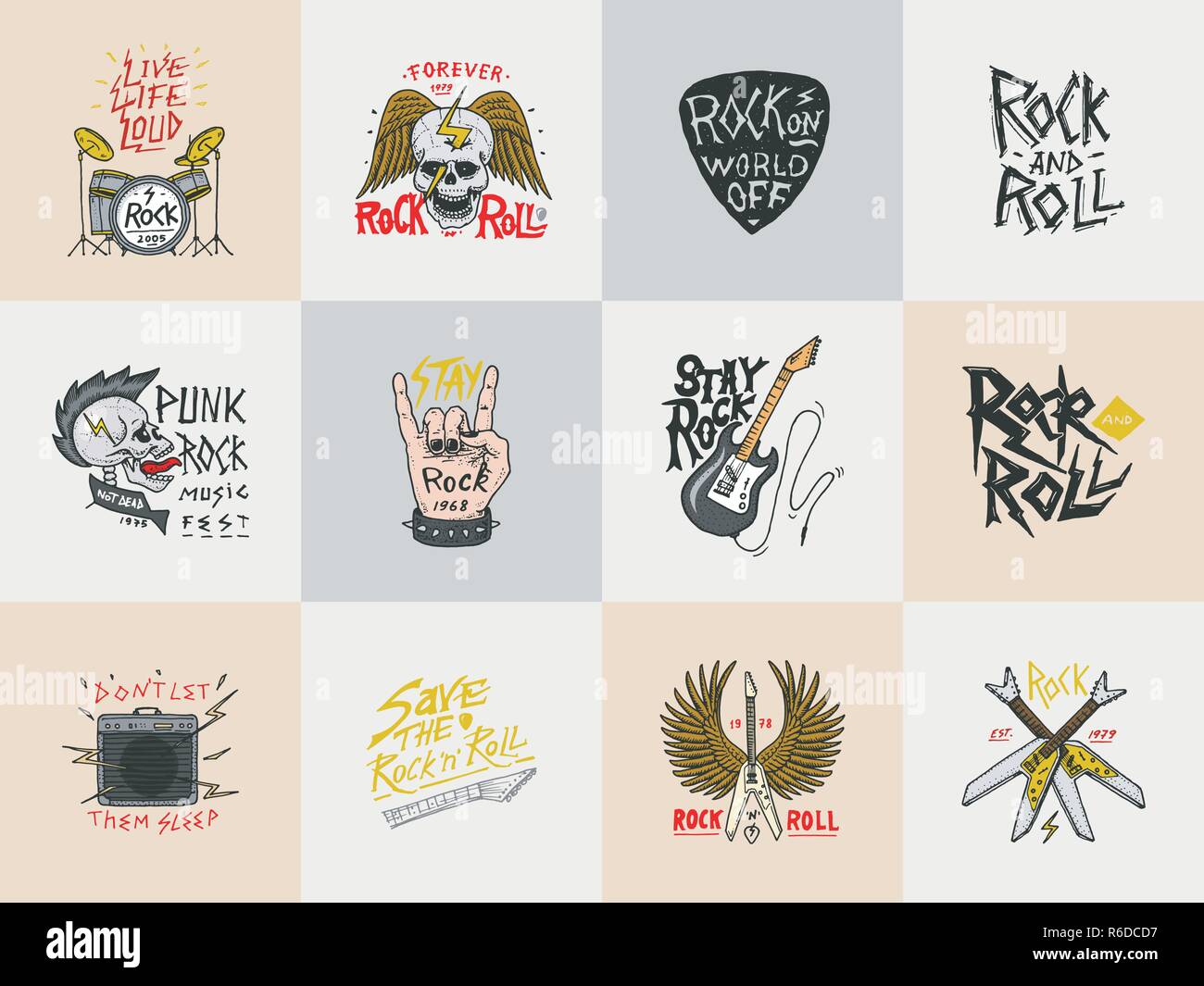 Set of Rock and Roll music symbols with Guitar Wings Skull, Drums ...