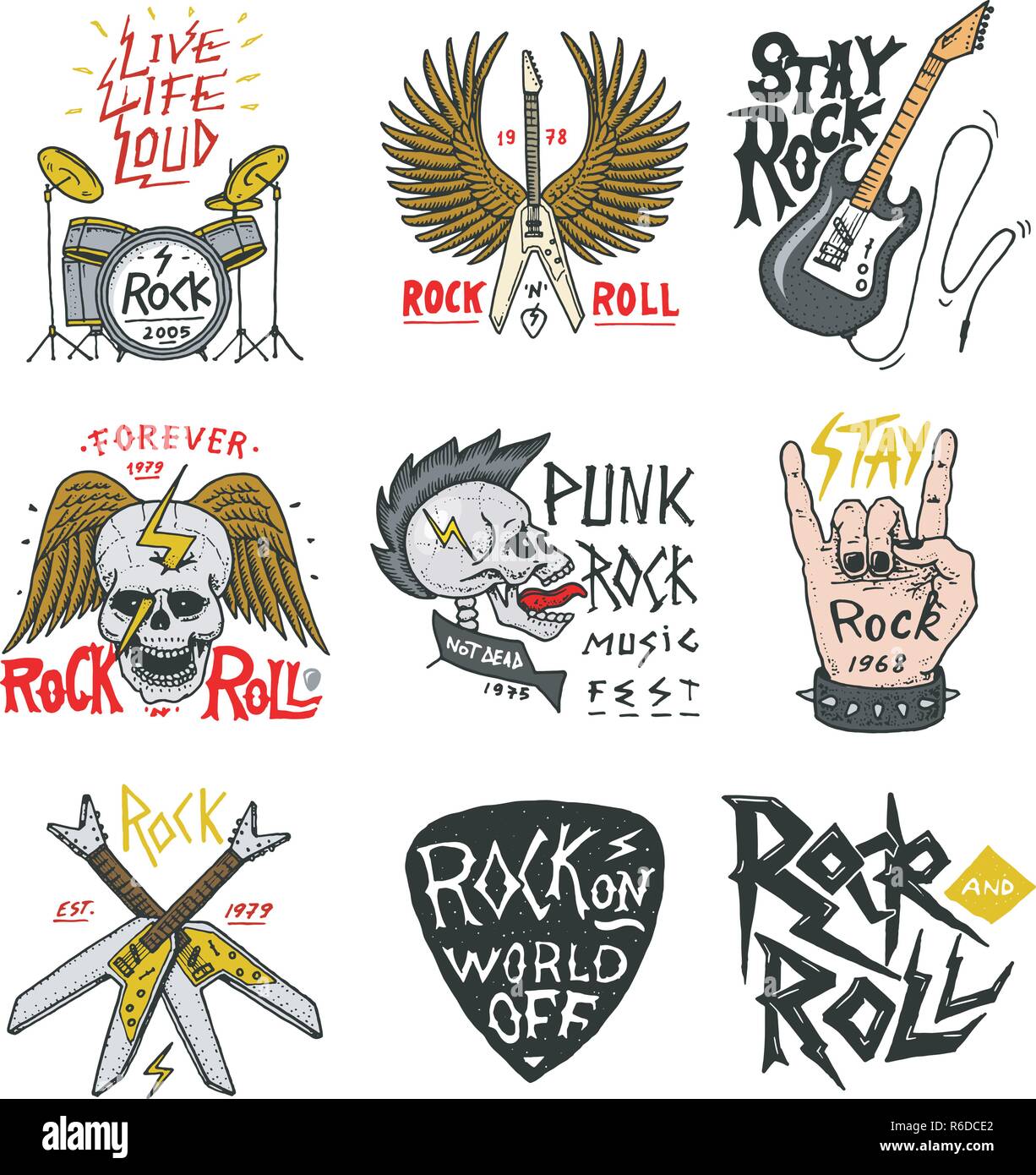Set of Rock and Roll music symbols with Guitar Wings Skull, Drums Plectrum. labels, logos. Heavy