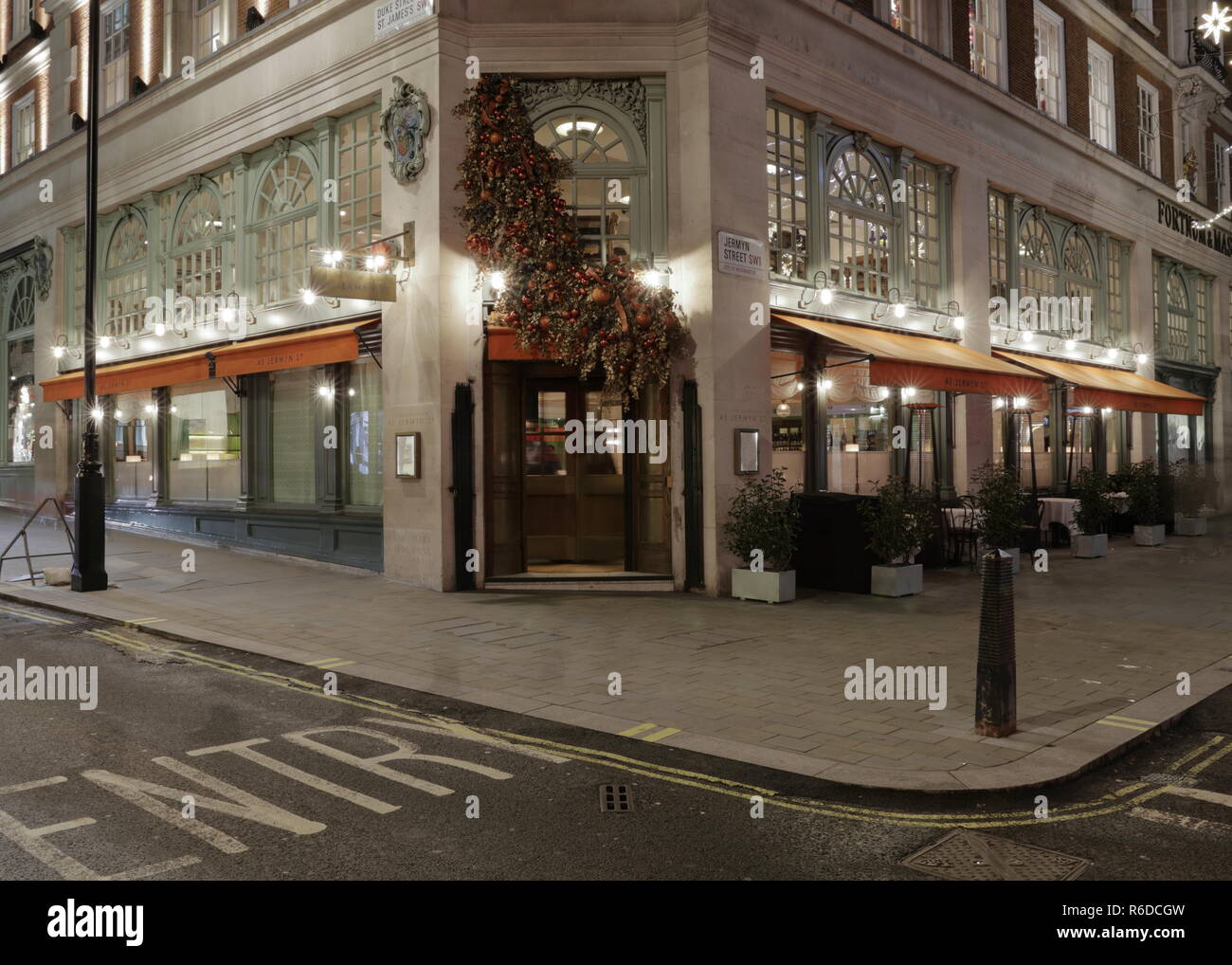 Front view of the famous 45 Jermyn Street Restaurant on the corner of Duke Street St James's in the central London area.December and Christmass time. Stock Photo