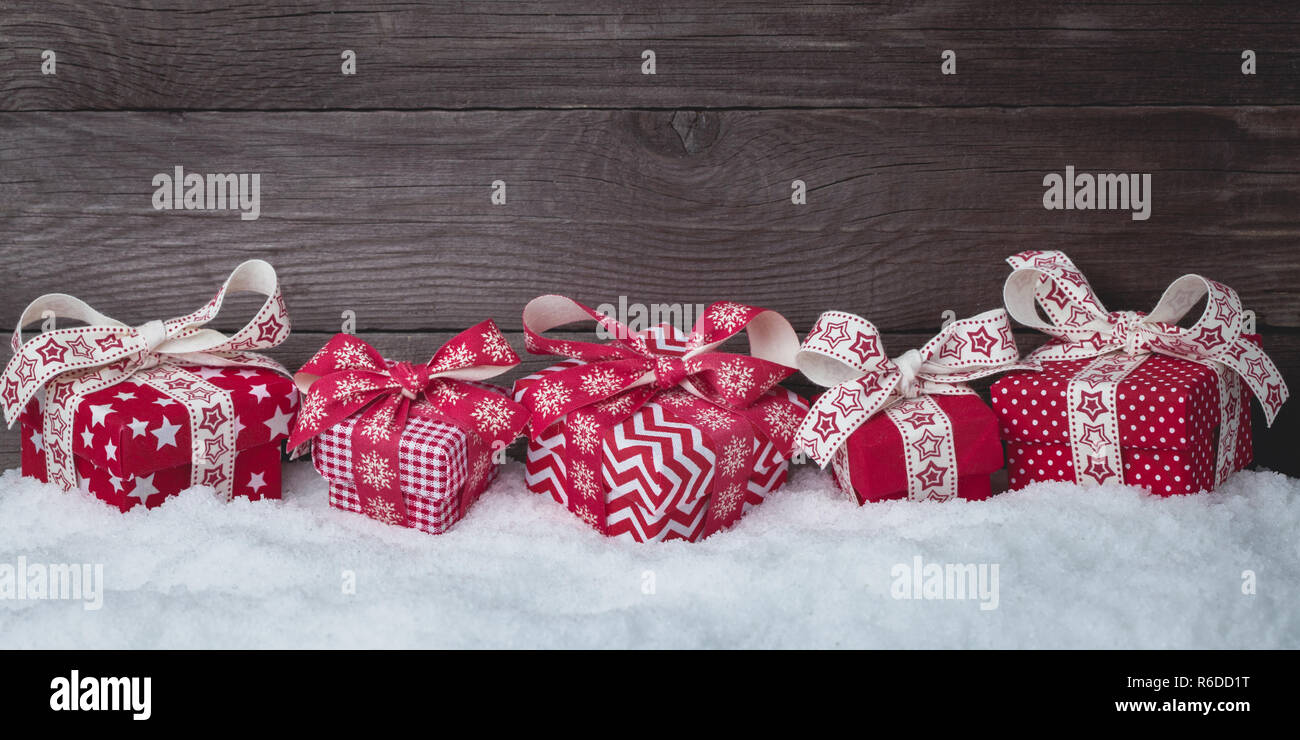Christmas Background with Beautiful Gift Boxes Set Stock Photo
