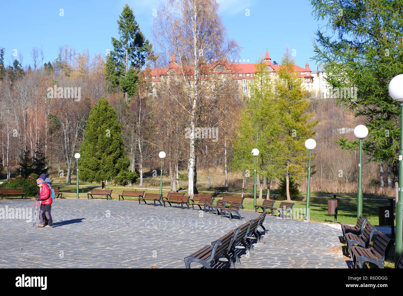 Tatranska Lomnica, Slovakia, November 17, 2018, Tatranska Lomnica town, park park, relax zone Stock Photo