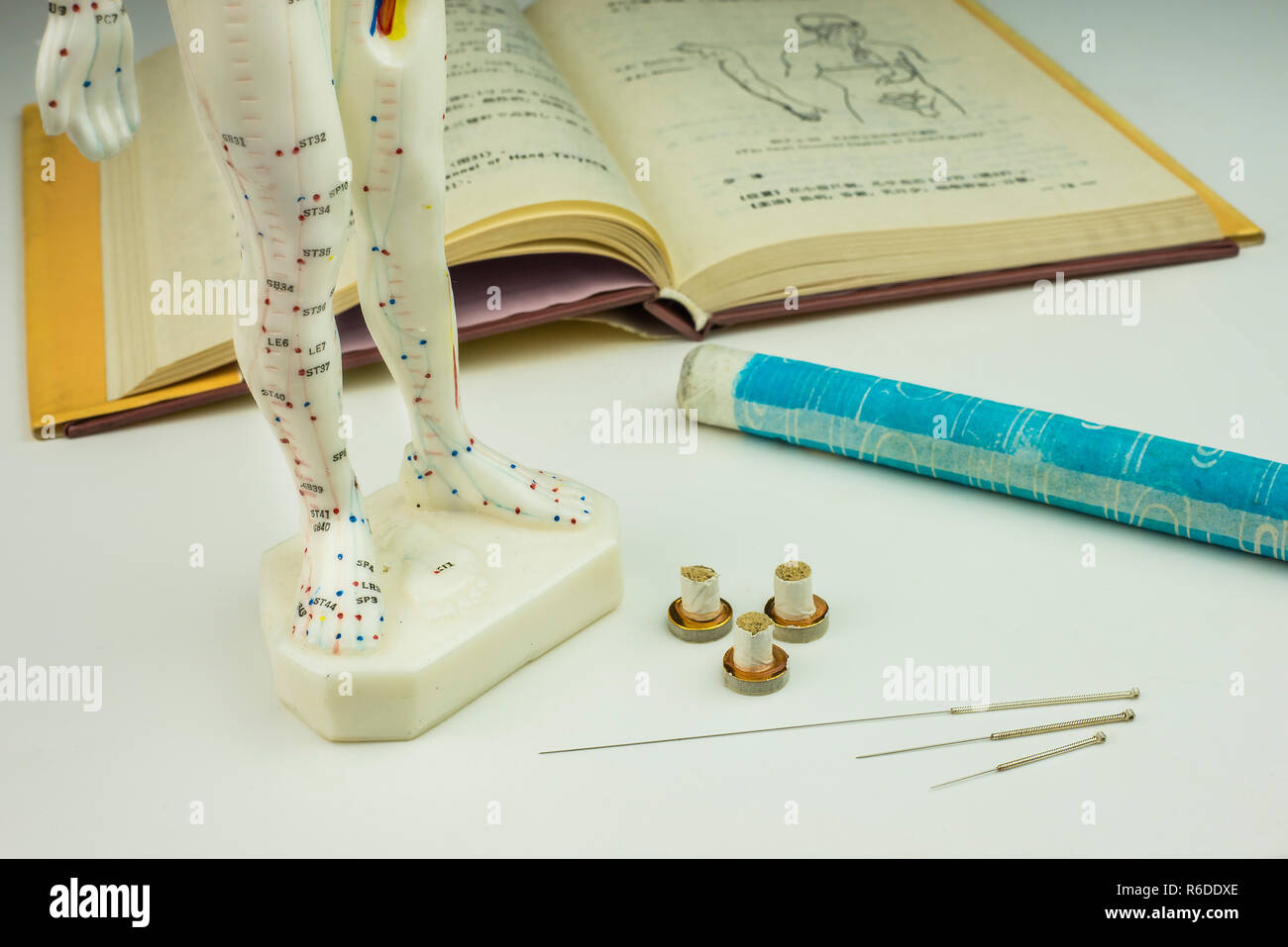 Acupuncture Needles, Model, Textbook And Moxa Roll Stock Photo Alamy