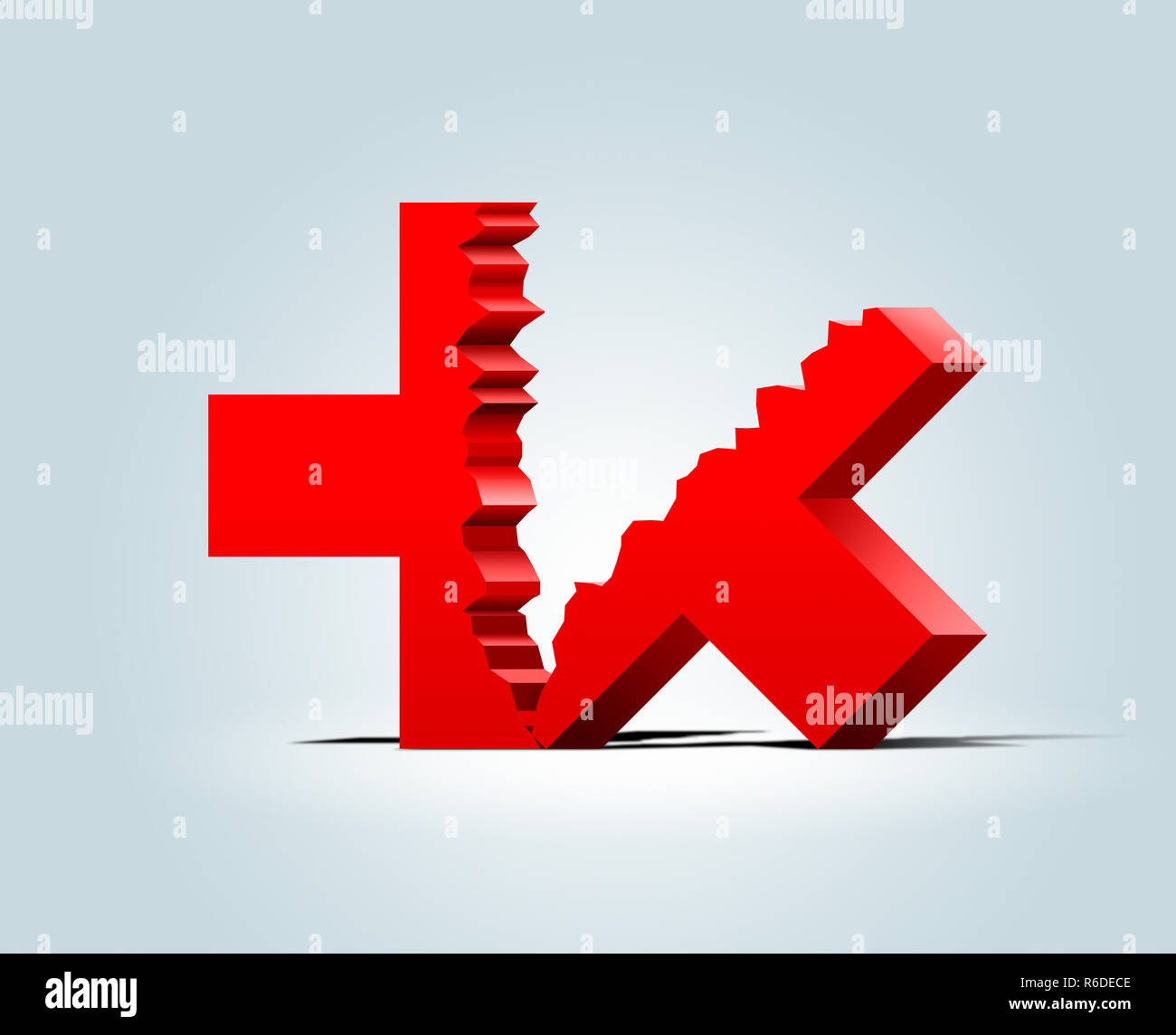 Red cross healthcare symbol breaking into two pieces, white background Stock Photo