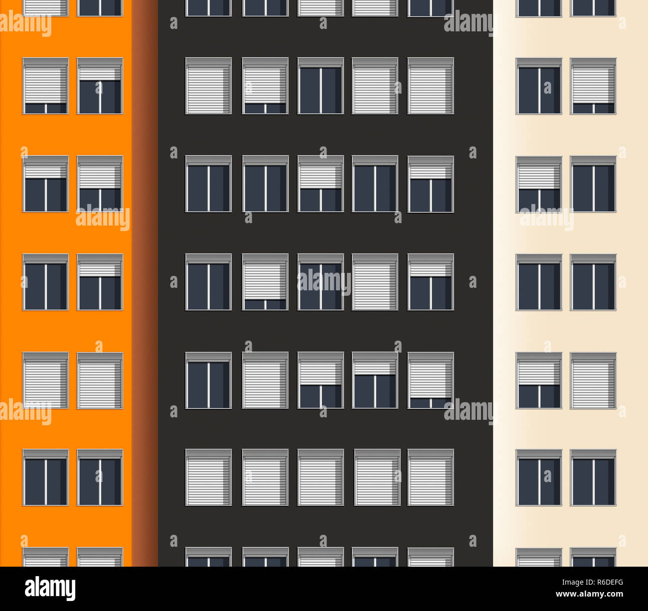 Close up digital image of city apartment block with blinds in windows, open, partially open or closed Stock Photo