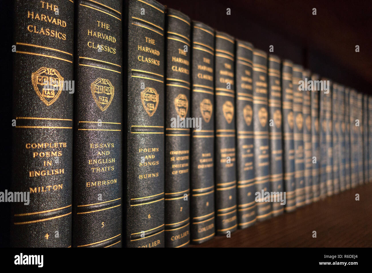 Set of The Harvard Classics books on a book shelf in an English house