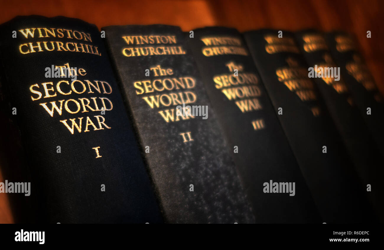 Old Volumes of Winston Churchill The second World war books on a book shelf in an English house