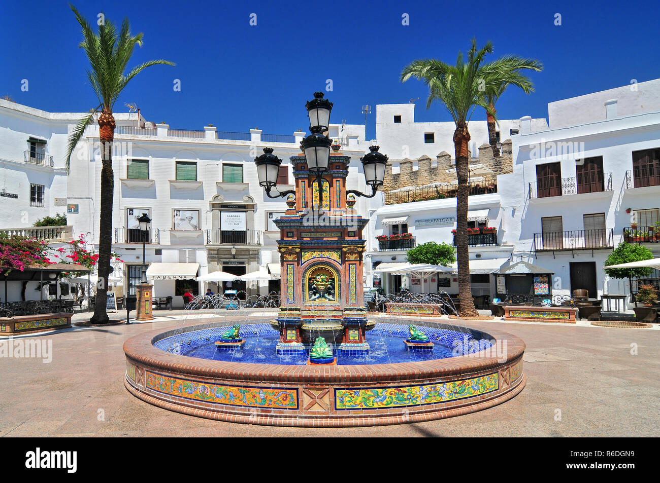 Ceramic Tile Water Feature In The Plaza De Espana, Vejer De La Frontera, Costa De La Luz, Province Of Cadiz, Andalusia Stock Photo