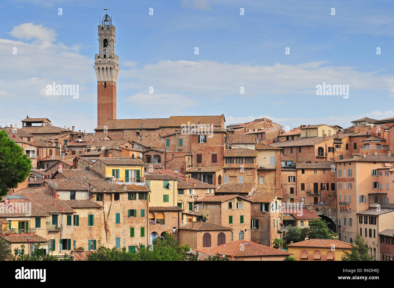 View Over The Old Town Towards The Torre Del Mangia On The Palazzo Publico, Siena, Tuscany, Italy Stock Photo