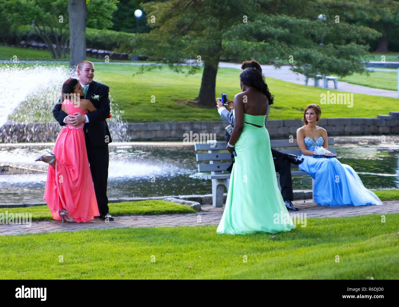 Plainville, CT USA. June 2013. Seniors having fun taking pictures, laughing, and some just anxiously waiting for the big night of the prom. Stock Photo