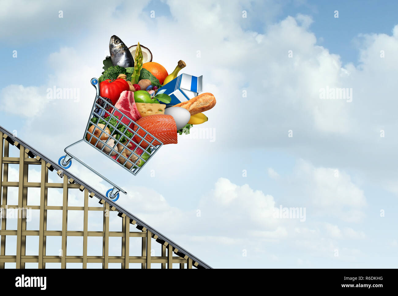 Grocery prices decrease and food cost decline or savings on groceries budget going down as a shopping cart as an economic symbol with milk bread. Stock Photo