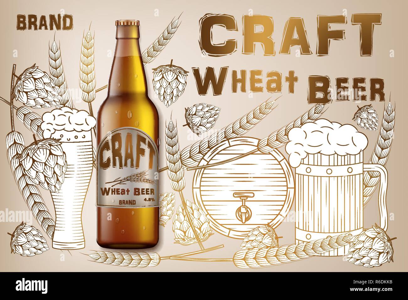 Craft wheat beer ads design. Realistic malt bottle beer isolated on retro background with ingredients wheats, hops and barrel. Vector 3d illustration Stock Vector