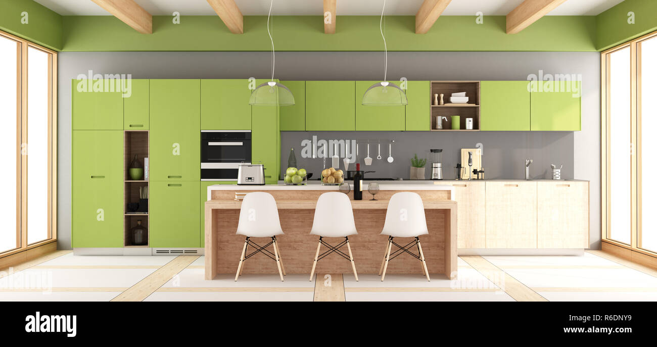 Green and gray modern kitchen Stock Photo - Alamy
