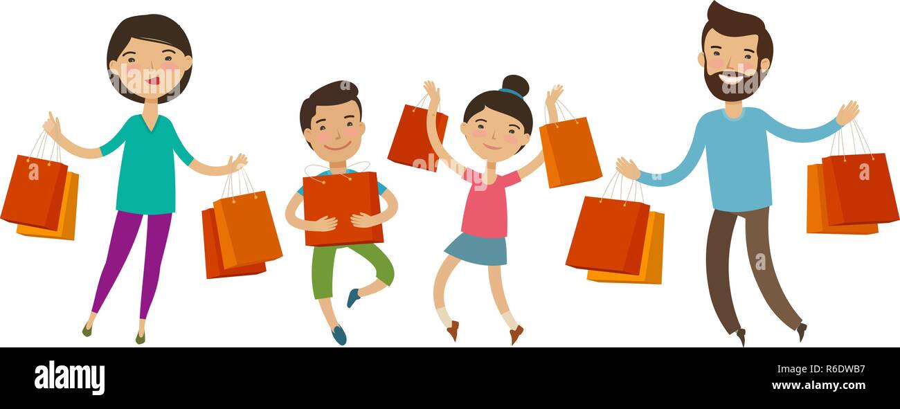 Happy family with packages or bags in their hands. Sale, shopping. Funny cartoon vector illustration Stock Vector