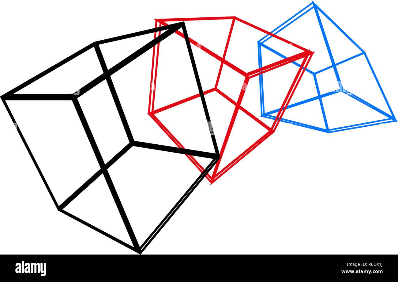 Three wireframed cubes on white background - Vector Stock Vector