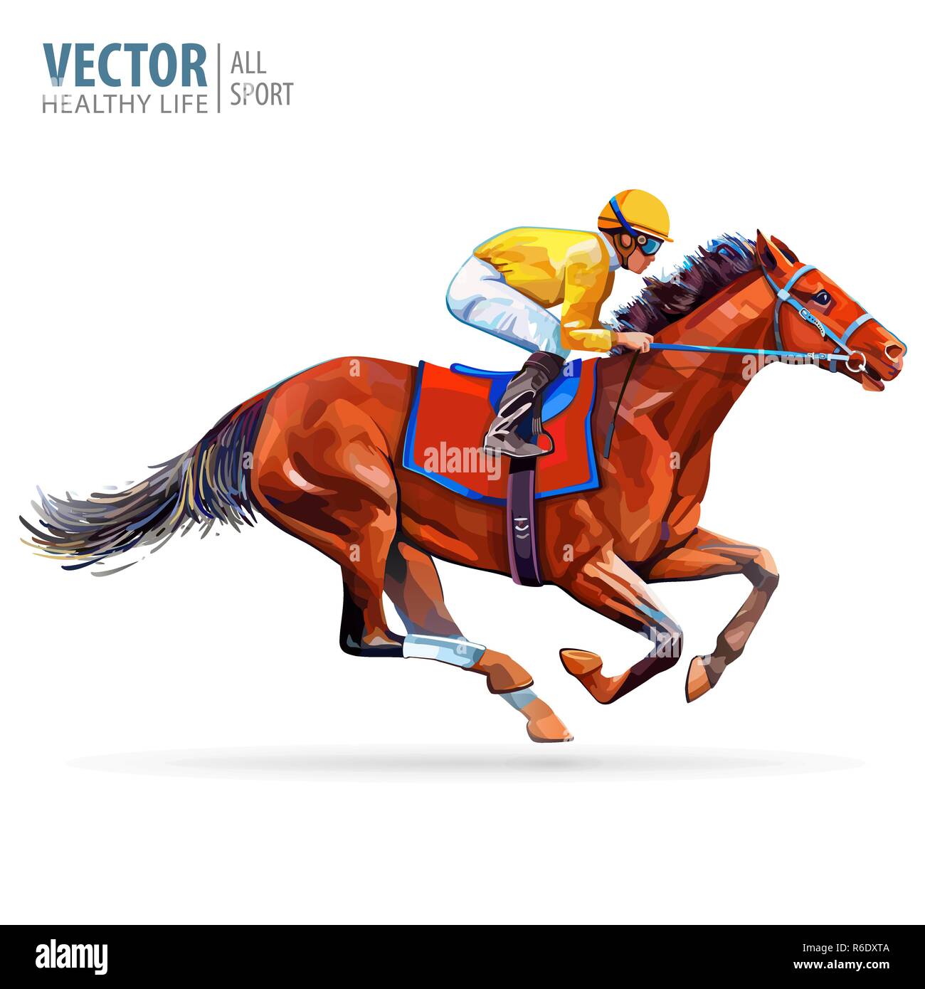 Jockey on horse. Champion. Horse racing. Hippodrome. Racetrack. Jump racetrack. Horse riding. Racing horse coming first to finish line. Isolated on white background. Vector illustration Stock Vector