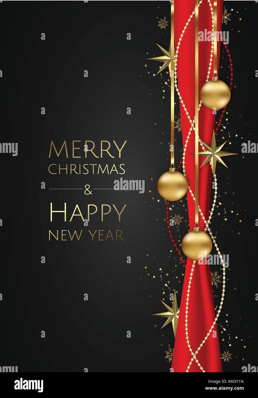 Banner with vector christmas tree branches, gold stars, christmas balls and space for text. Great for christmas cards, banners, flyers, party posters, Stock Vector