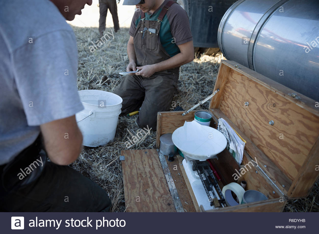 Male farmers testing soil on farm Stock Photo - Alamy