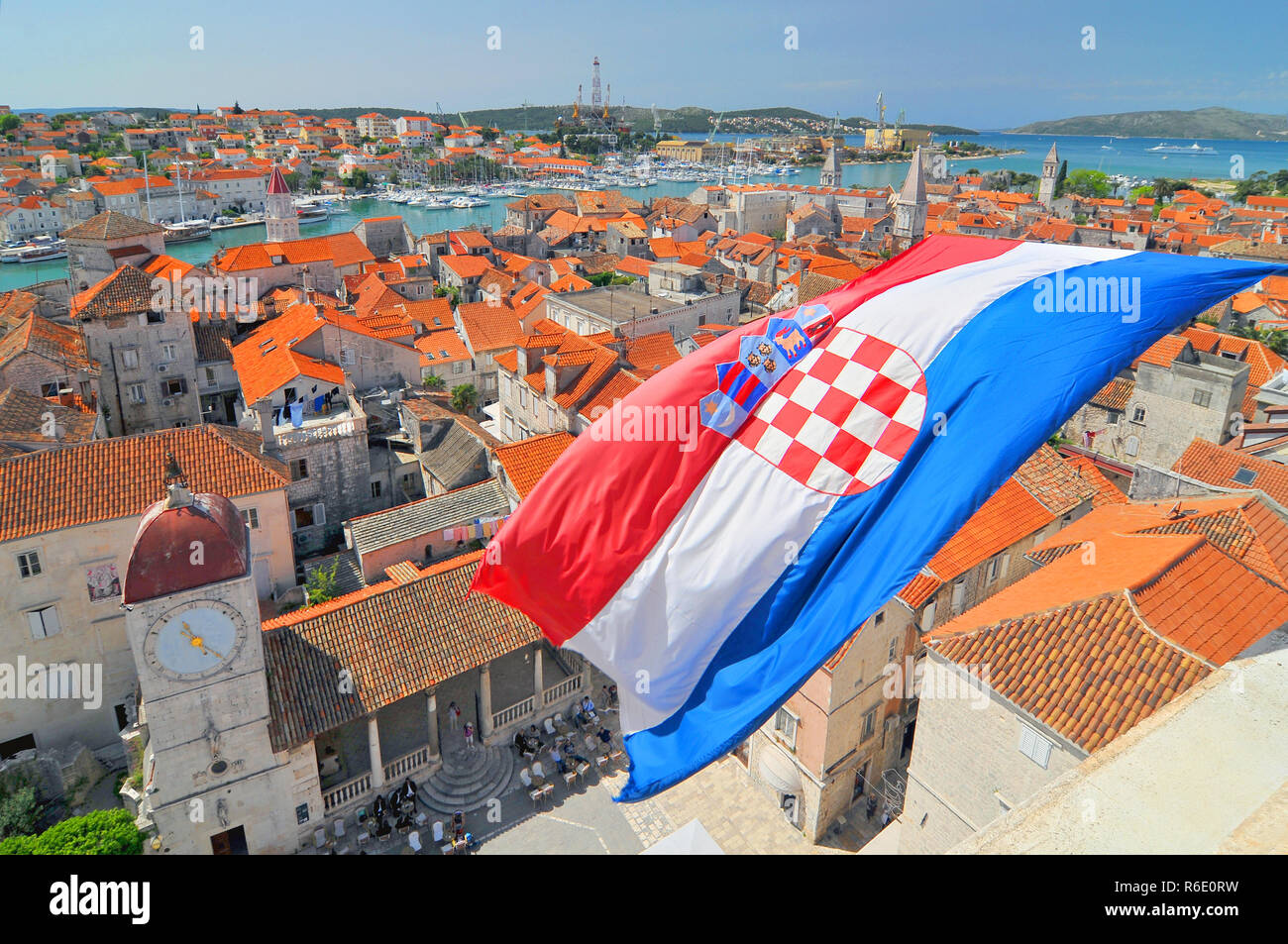 Flag And View On Trogir From Cathedral Of Saint Lawrence, Croatia Stock Photo