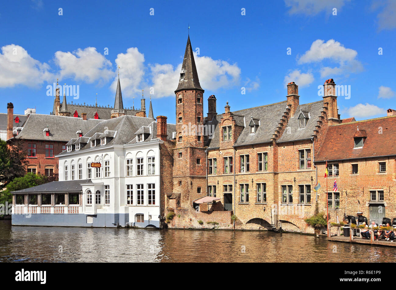 Dijver River Canal Near Rozenhoedkaai Area, Brugge, Belgium Stock Photo