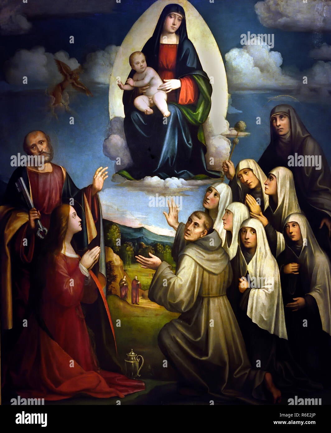 Madonna and Child in glory, Saints Peter, Francis, Magdalene, Martha and six nuns by Raibolini Giacomo ( said France) 1486 - 1557, 16th century, Italy, Italian. Stock Photo
