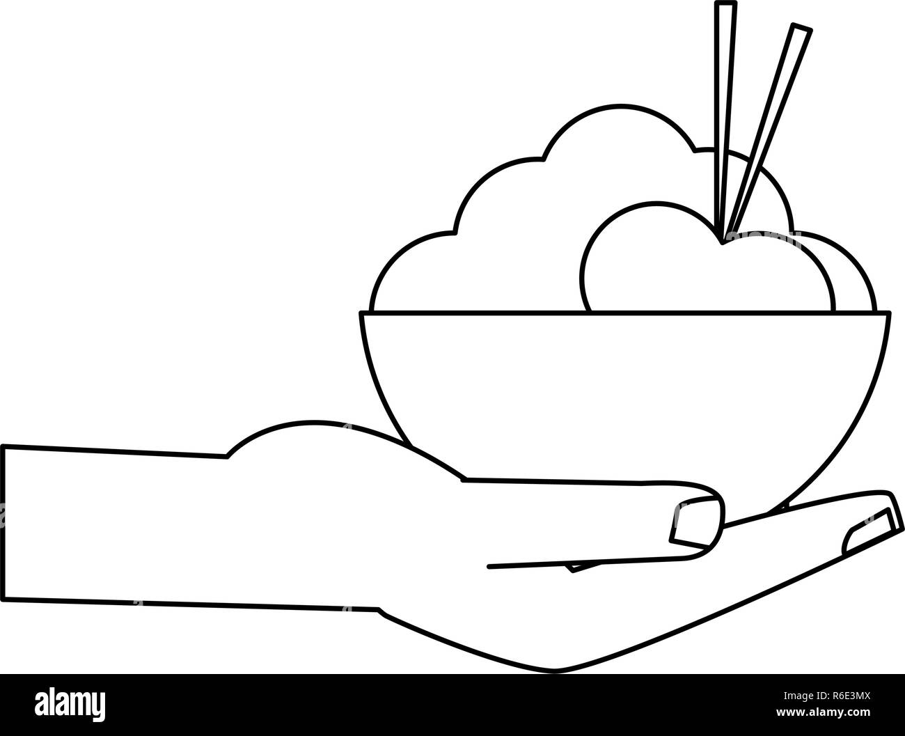 hand with rice in bowl black and white Stock Vector