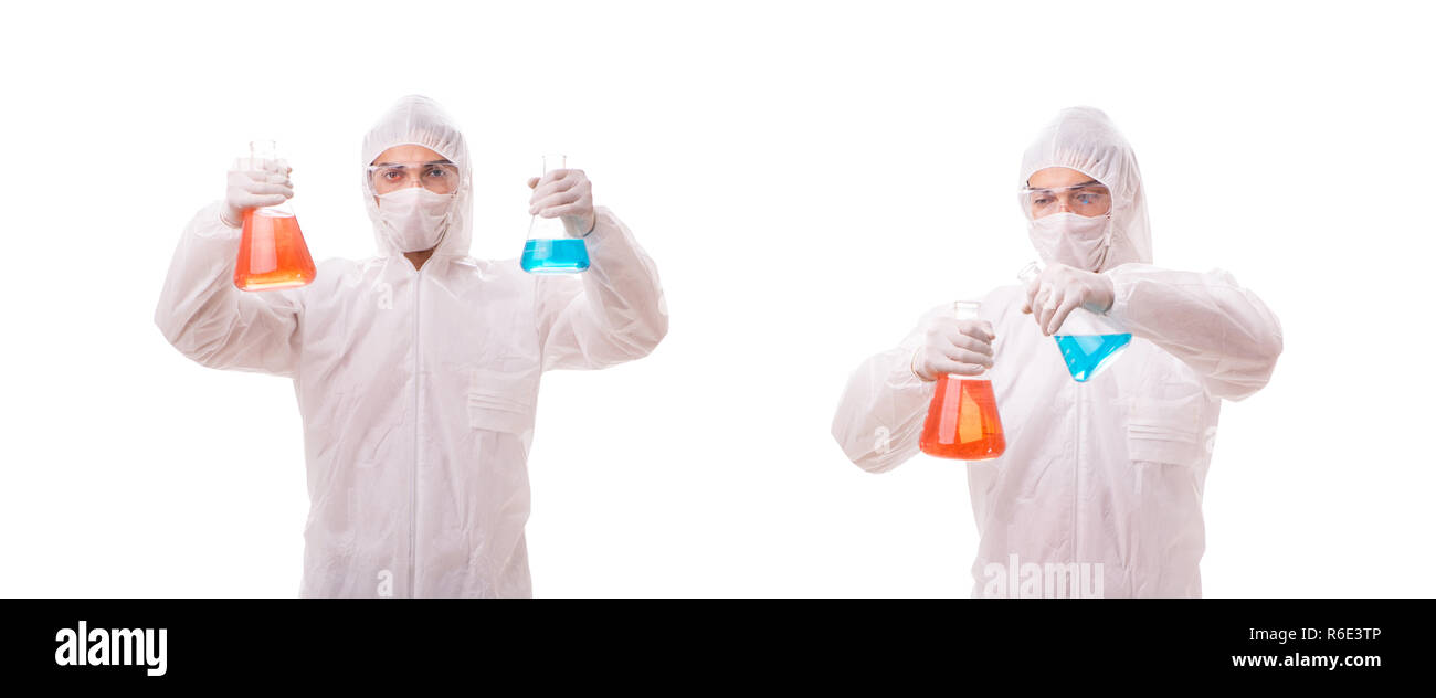 Chemist working with radioactive substances isolated on white background Stock Photo