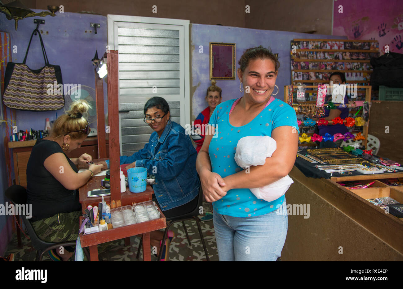 Women's nail salon in Trinidad, Cuba. Stock Photo