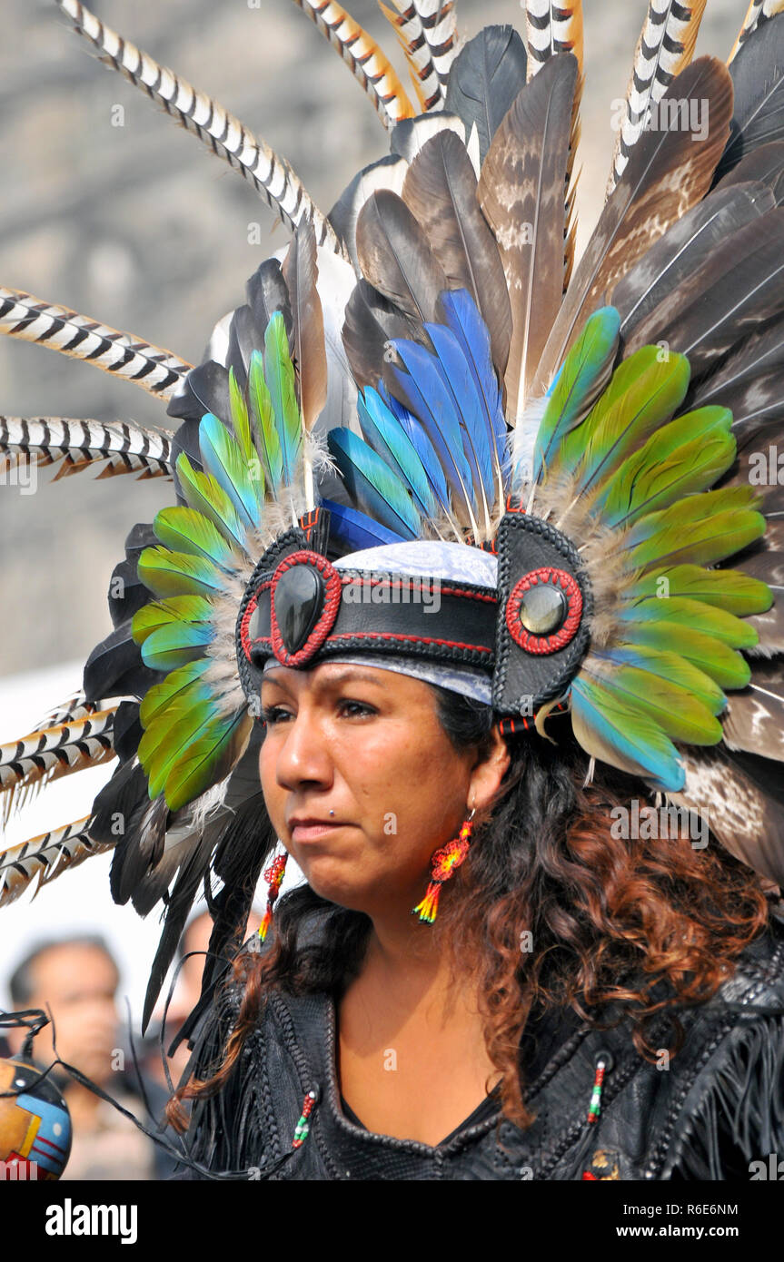 Traditional Aztec Dancer At Metropolitan Cathedral Zocalo Place, Mexico City Stock Photo