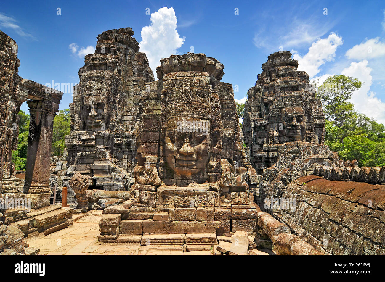 Face-Towers Depicting Bodhisattva Avalokiteshvara, Bayon-Temple In Angkor, Cambodia Stock Photo