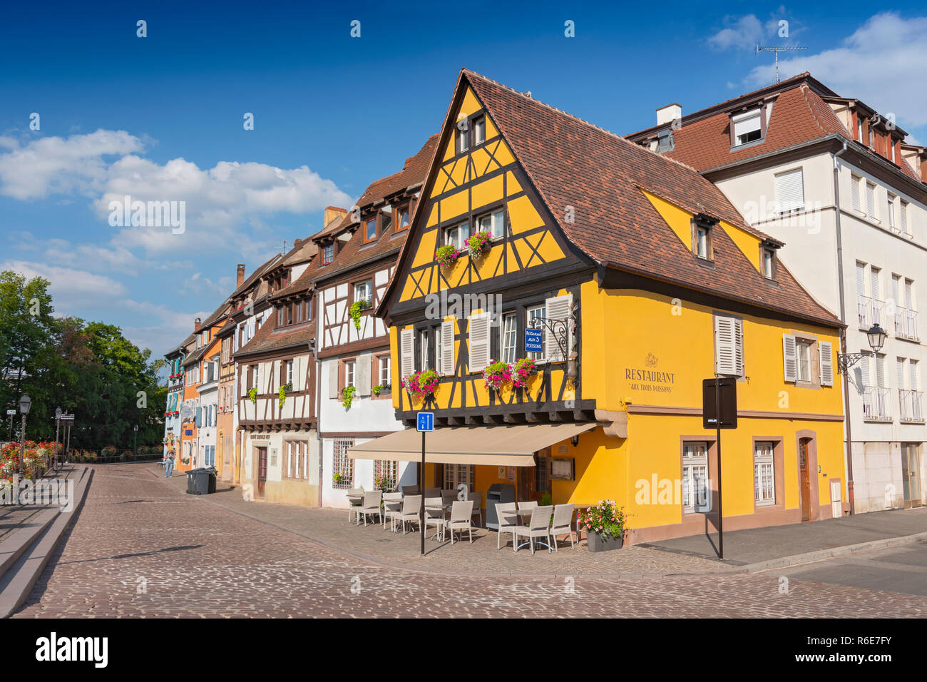 Restaurant Aux Trios Poissons Colorful Traditional French House In Petite Venise, Colmar, France Stock Photo