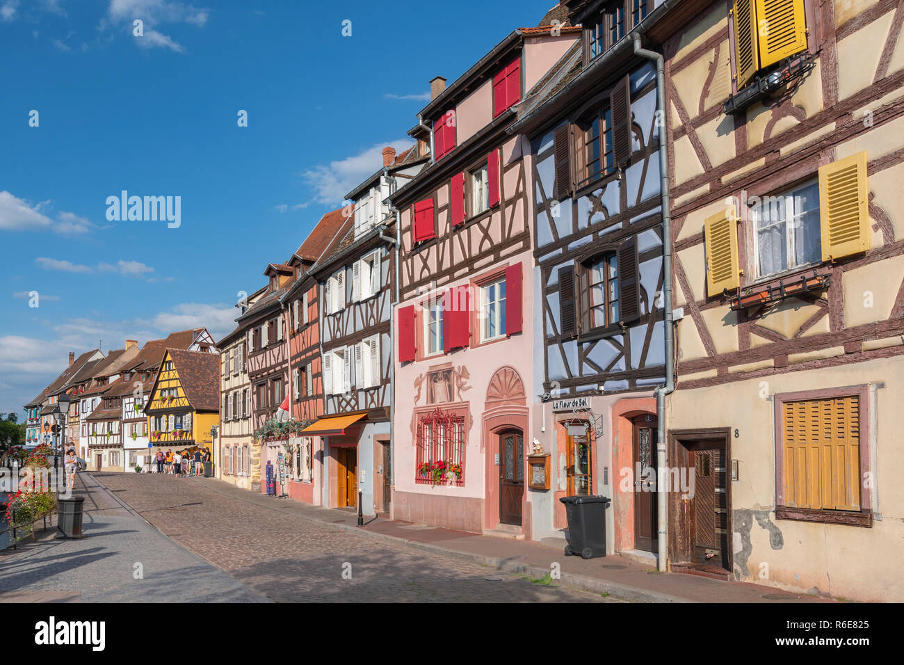 Quai De La Poissonnerie Strret Half Timbered Houses At Quai De La Poissonnerie Street, Little Venice Colmar, Alsace France Stock Photo