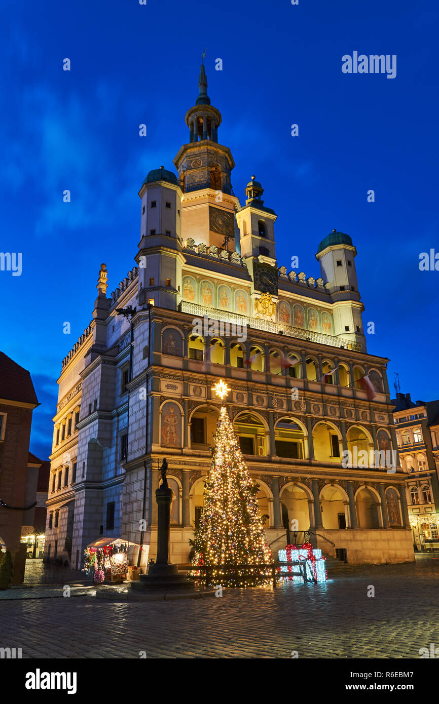 Renaissance Town Hall And Christmas Decorations In City Of Poznan