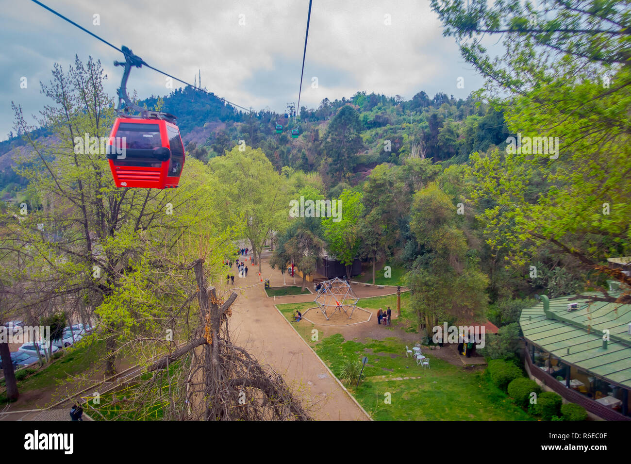 SANTIAGO, CHILE - OCTOBER 16, 2018: Cable car in San Cristobal hill, overlooking a panoramic view of Santiago de Chile Stock Photo