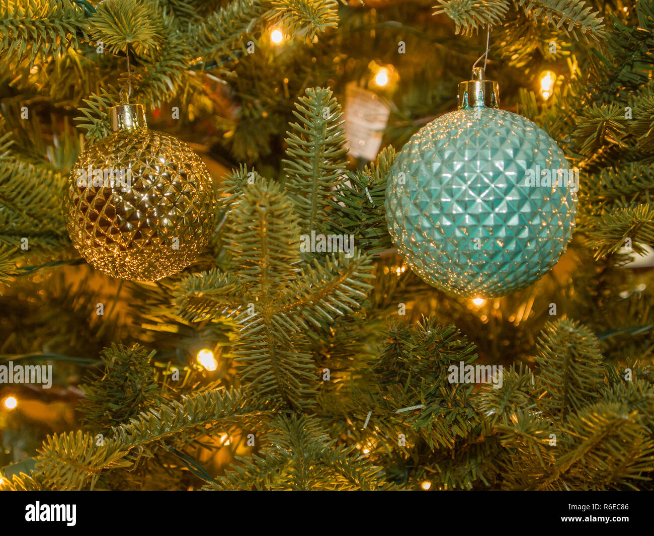 Christmas tree decorations closeup, lights, happy Stock Photo Alamy