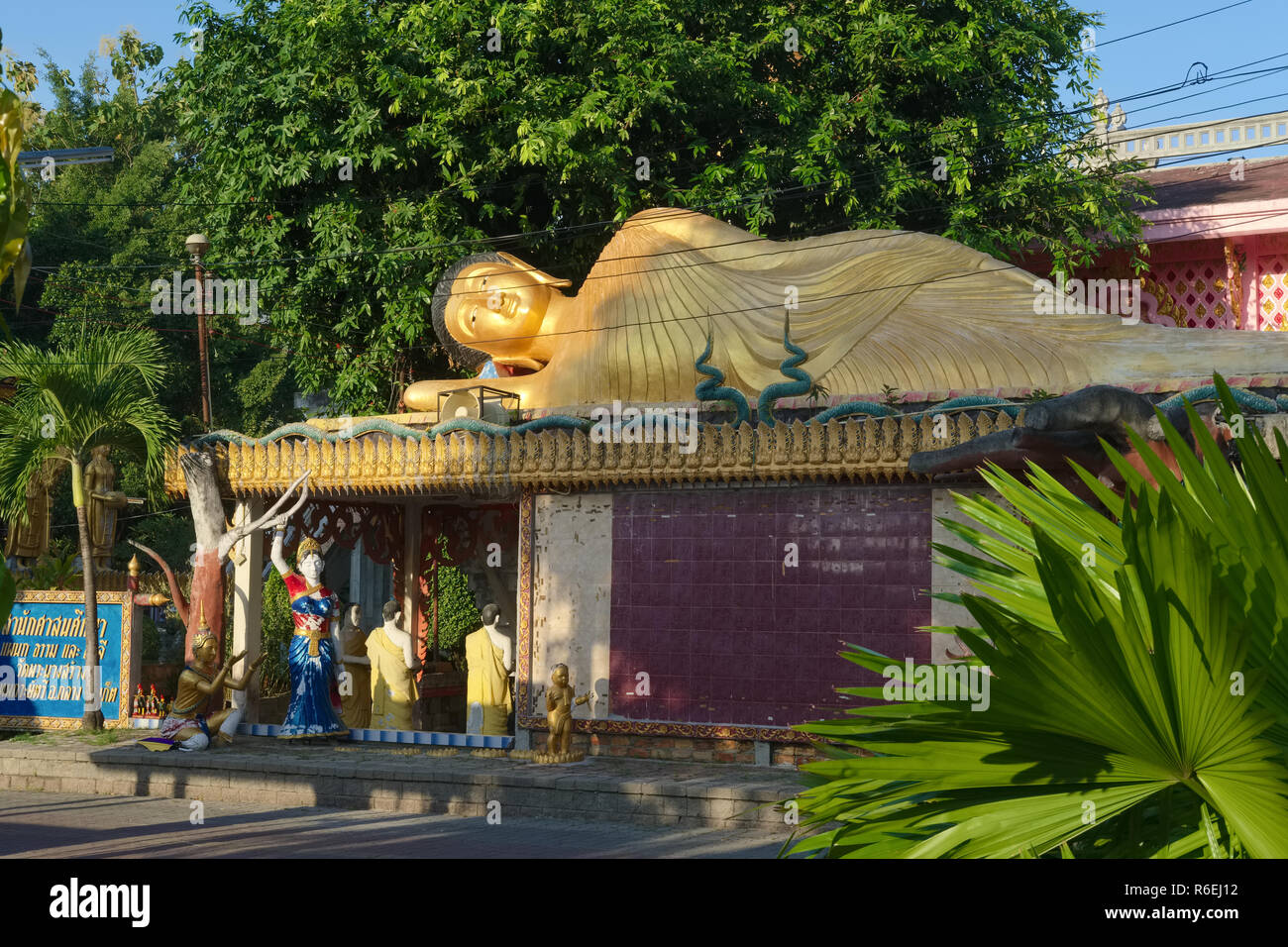 A so-called Reclining Buddha, depicting the Buddha at the time of his death, at Wat Phra Nang Sang, in Thalang, Phuket. Thailand Stock Photo