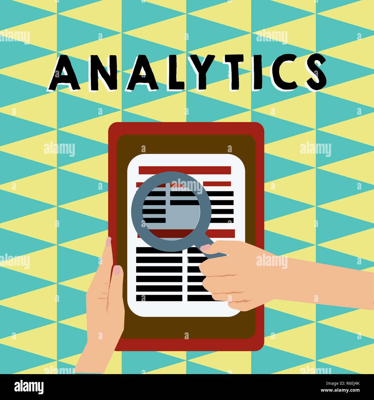 Writing note showing Analytics. Business photo showcasing systematic computational analysis of data statistics or infos Hand Hold Magnifying Glass Rea Stock Photo