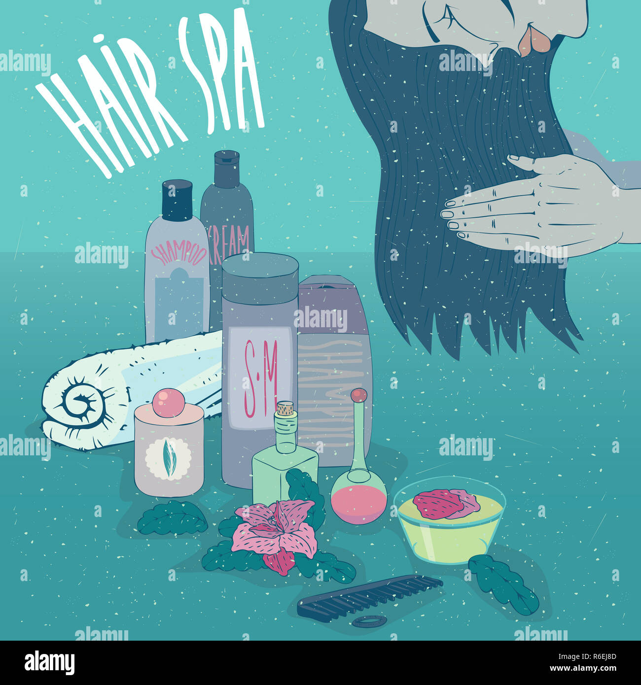 Girl applying on long hair conditioner or shampoo Stock Photo Alamy