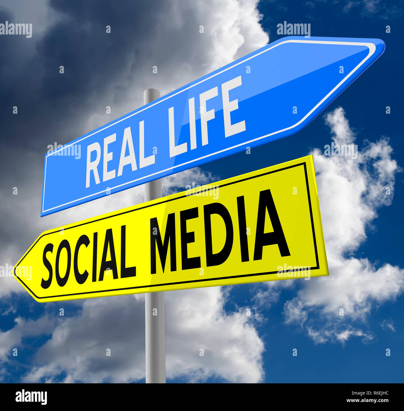 Social media and real life road signs on blue sky background Stock Photo