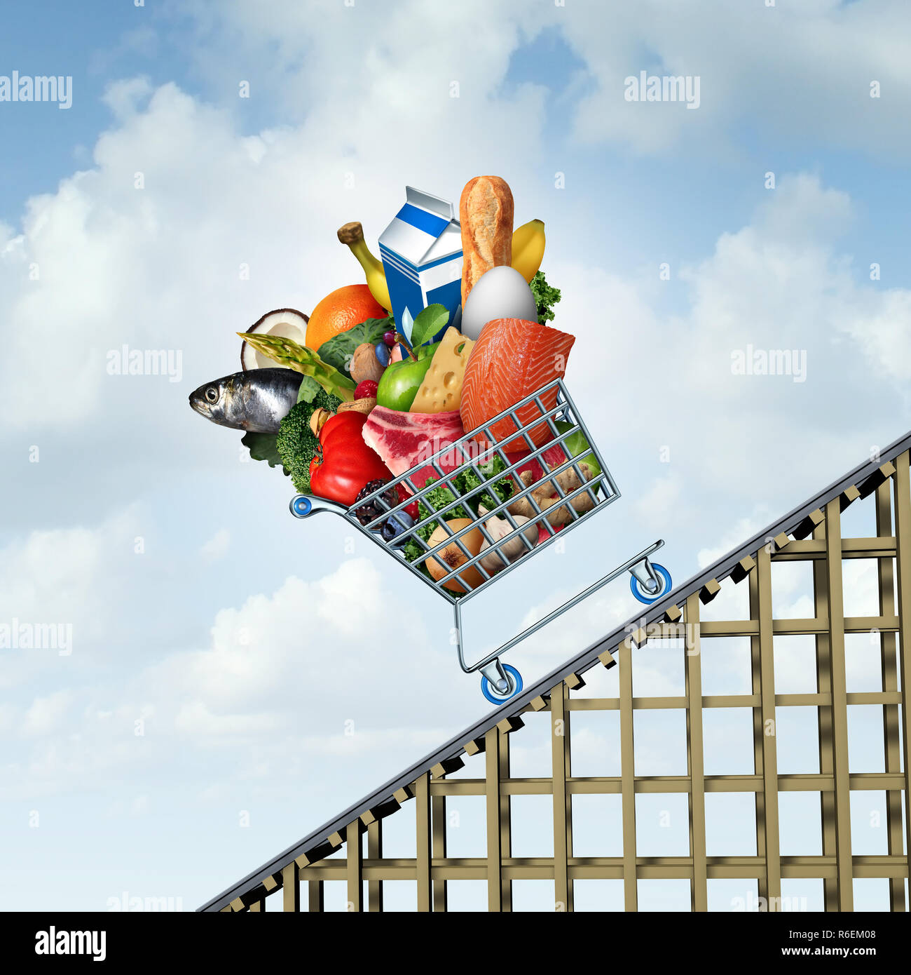 Food price increase and grocery bill rise with groceries going up as a shopping cart as an economic symbol for grocery budget hike with milk bread. Stock Photo