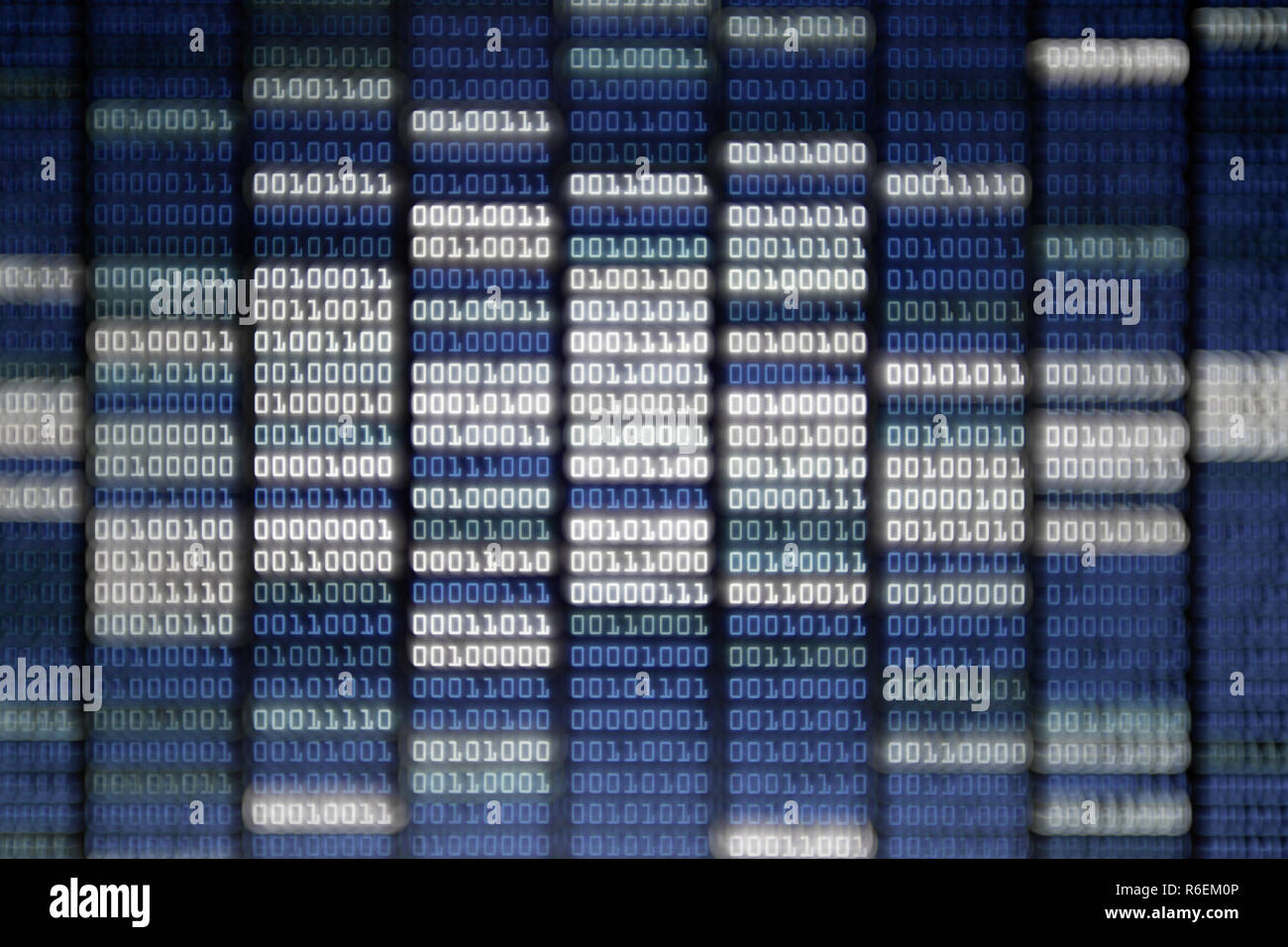 binary code on display screen. white blue light green colors number one ...