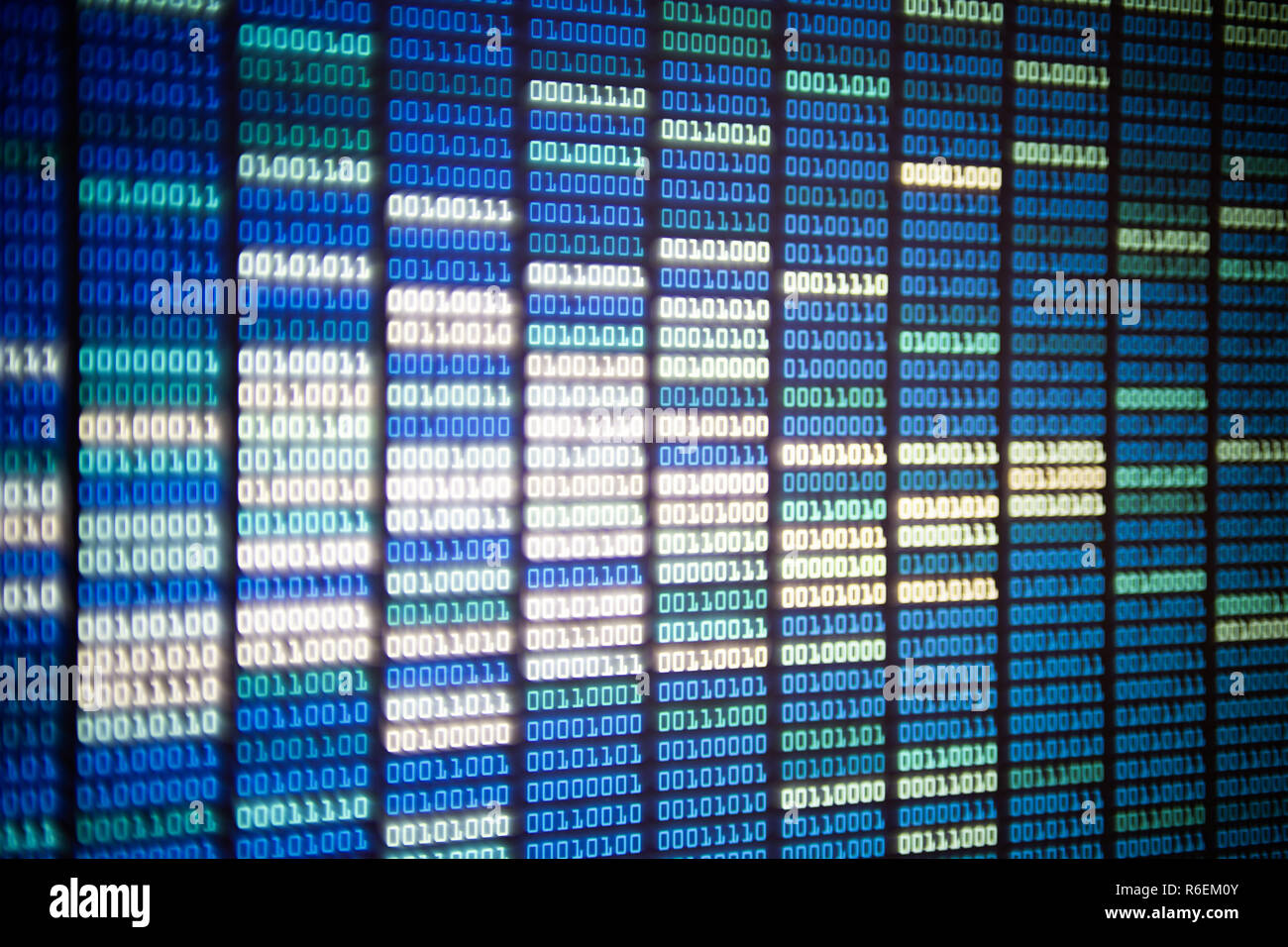 binary code on display screen. white blue light green colors number one and  zero lined in rows on computer monitor. cyber data connection and security  Stock Photo - Alamy